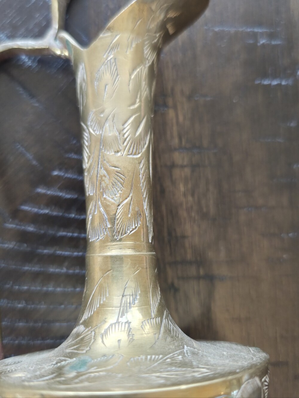 Vintage Etched Brass Pitcher India - Ornate Floral Footed Ewer Vase - Picture 3 of 12